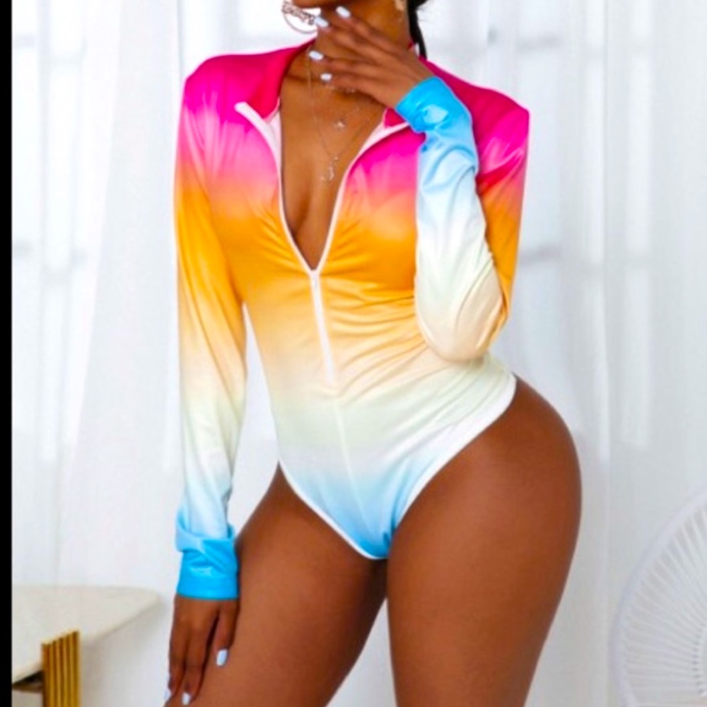 Gradient Zip-Front Long Sleeve Bodysuit - Multicolor